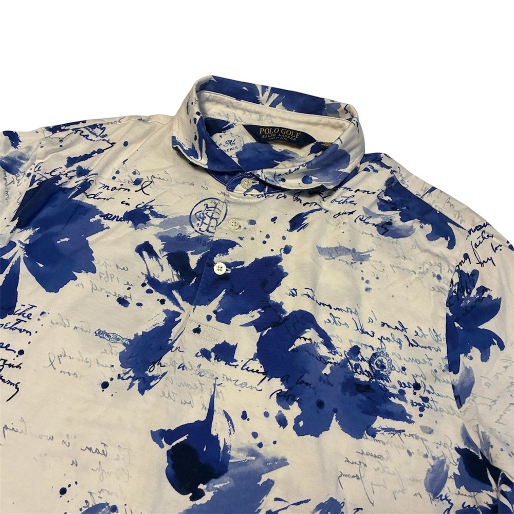 Polo Golf Ralph Lauren Mens Blue White Floral Script Polo Shirt Large